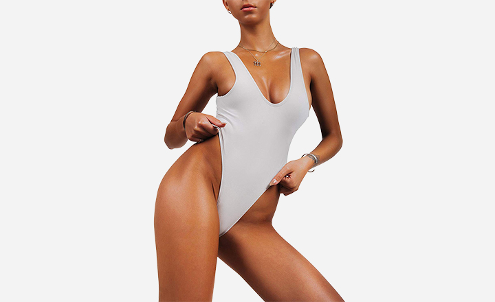 Sofsy Backless Retro One Piece High Cut Low Back Swimsuit
